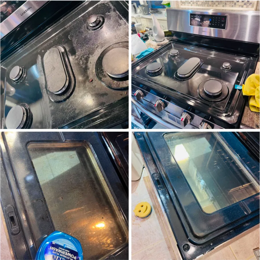 Before and after of a grease-covered stovetop and oven door, deep cleaned to a shine