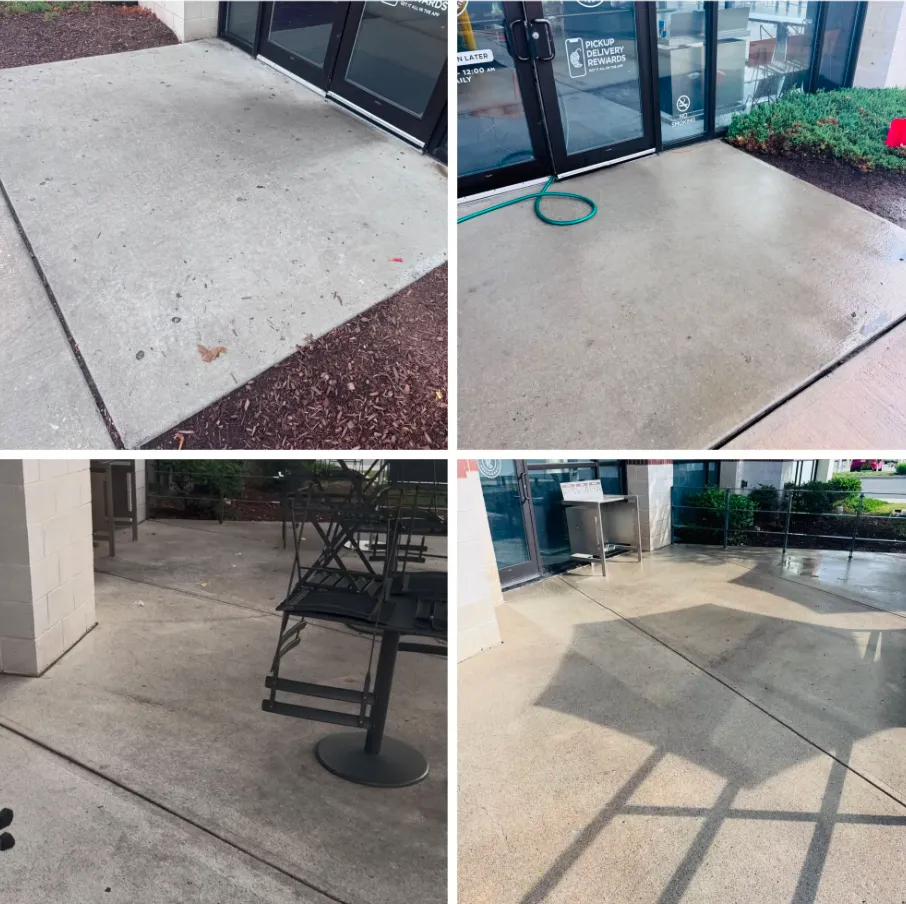 Before and after of a stained storefront walkway, power washed clean